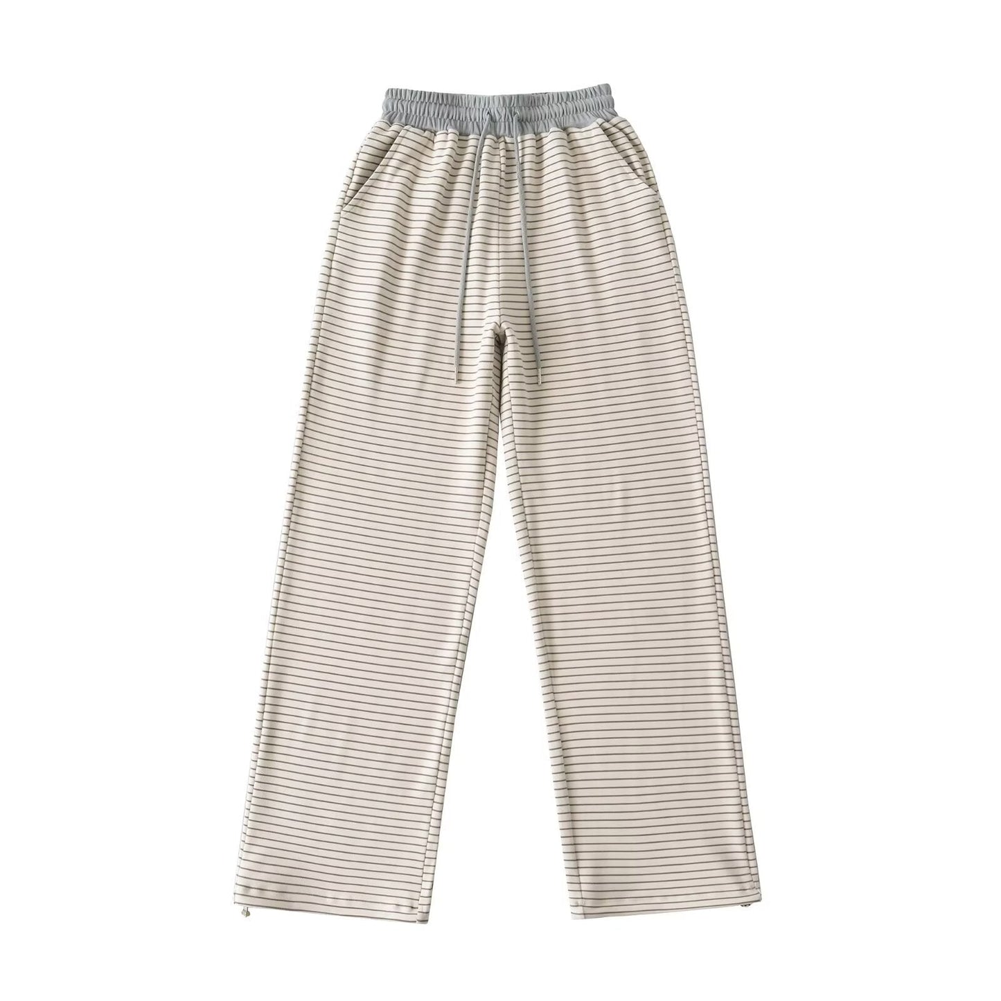 Derong lazy style contrasting striped high waisted wide leg pants